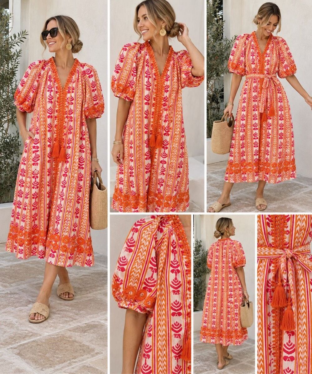 NWT Julia Amory Coatue Dress Caftan Orange Ikat XL embroidered